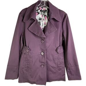 Sandro‎ Sportswear Trench Coat Womens L Plum Satin Leopard Lining Button Front